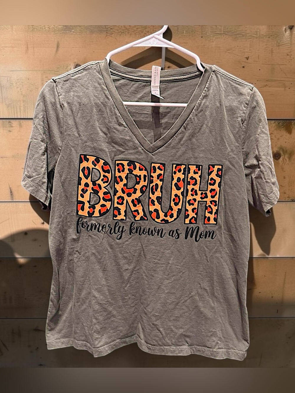 Hand Crafted OLIVE V-Neck Tee with Orange Leopard BRUH Graphic LARGE